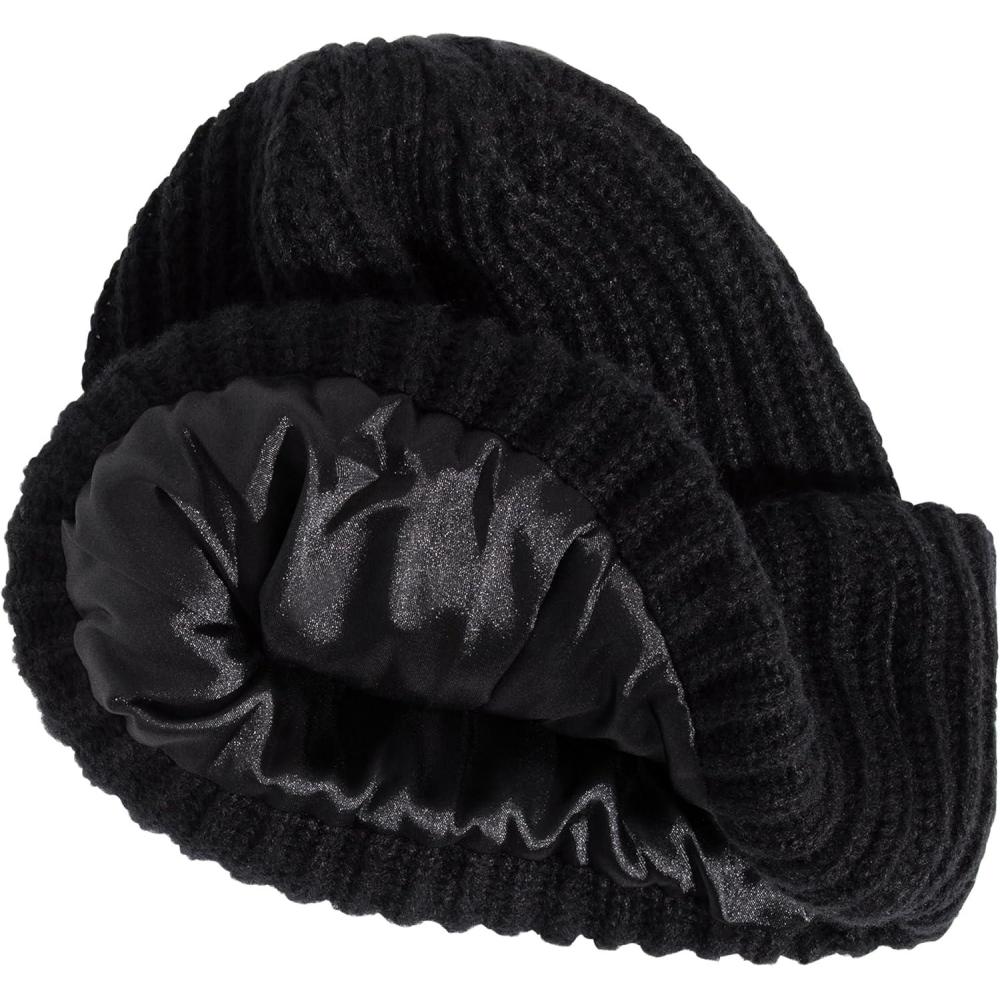 image:imageKitsch Glazey Satin Lined Beanie for Men and Women Cozy Winter Hats for Men Stylish AntiFrizz Hat for All Hair TypesBlack