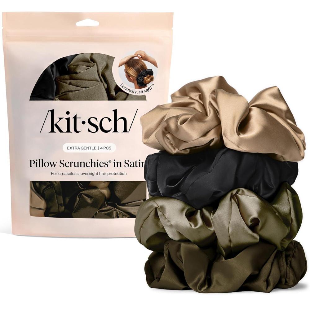 image:imageKitsch Pillow Satin Scrunchies for Women Hair Ties No Damage No Crease Hair Accessories Perfect for Day or Night Ideal Gifts for Women 4pcsBlack 4 pcs