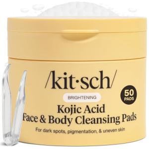Kitsch Kojic Acid Cleansing Pads with Turmeric & Cica to Smooth, Refresh & Even Tone Skin Care – Exfoliating & Brightening Pre-Soaked Cotton Pads for Face and Body – 50 count