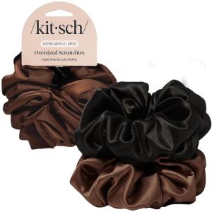 Kitsch Pillow Satin Scrunchies for Women – Hair Ties No Damage, No Crease Hair Accessories | Perfect for Day or Night | Ideal Gifts for Women – 4pcs(Black & Chocolate)