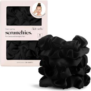 Kitsch Pillow Satin Scrunchies for Women – Hair Ties No Damage, No Crease Hair Accessories | Perfect for Day or Night | Ideal Gifts for Women – 4pcs(Black)