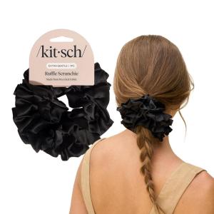 Kitsch Pillow Satin Scrunchies for Women – Hair Ties No Damage, No Crease Hair Accessories | Perfect for Day or Night | Ideal Gifts for Women – 4pcs(Black Ruffle)
