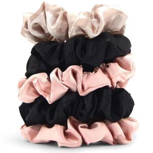Kitsch Pillow Satin Scrunchies for Women – Hair Ties No Damage, No Crease Hair Accessories | Perfect for Day or Night | Ideal Gifts for Women – 4pcs(Blush & Black)