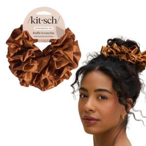 Kitsch Pillow Satin Scrunchies for Women – Hair Ties No Damage, No Crease Hair Accessories | Perfect for Day or Night | Ideal Gifts for Women – 4pcs(Camel)
