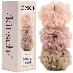 Kitsch Shower Loofah – Soft Mesh Body Scrubber & Bath Sponge for Daily Gentle Cleansing – Durable Loofah for Men and Women with Hanging Loop, Eco-Friendly, 100% PCR Material – 3pc Set, Ballet