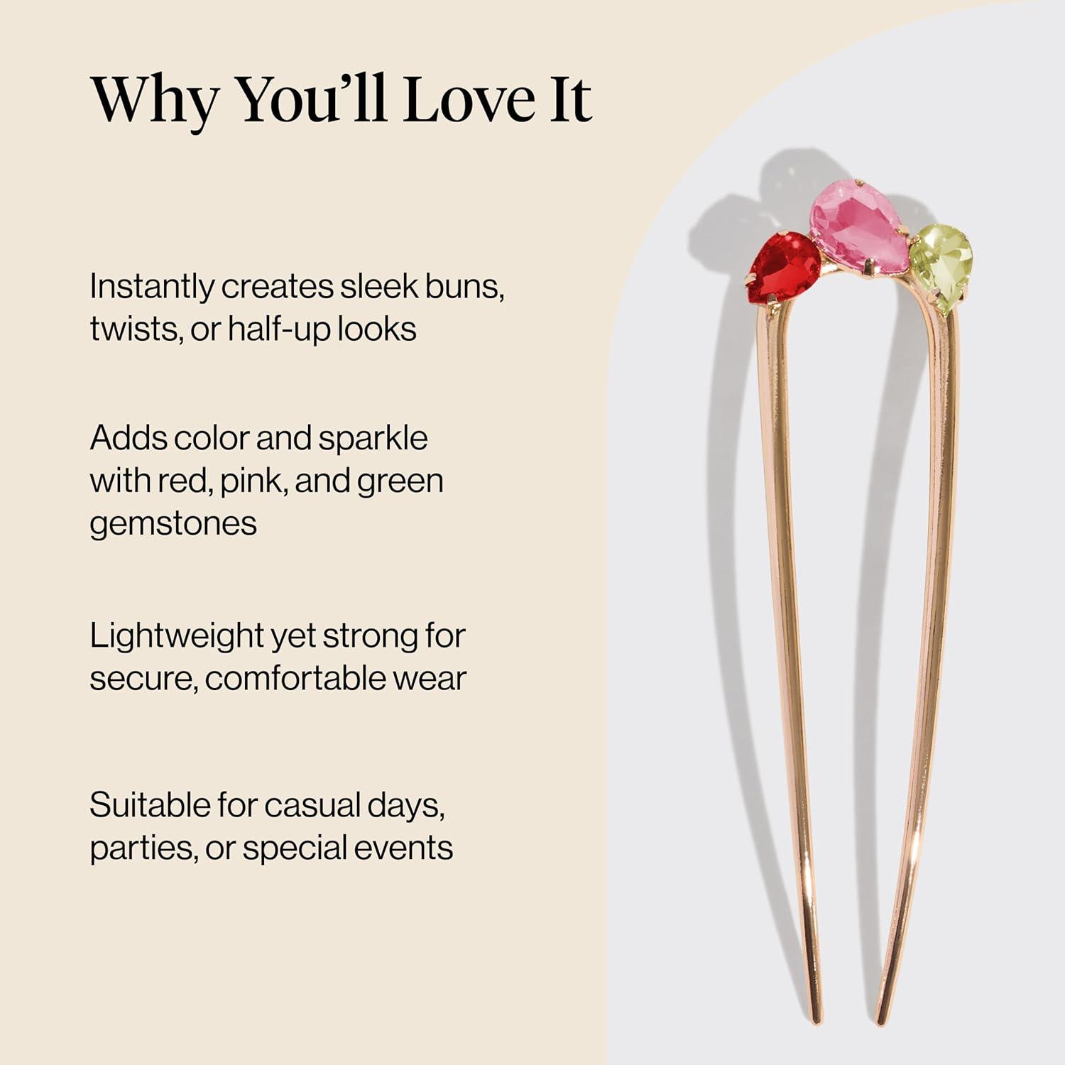 image:imageKitsch French Hair Pin for Women Gold Hair Accessories with Gemstone Accents Lightweight Metal Hair Stick for Effortless Updos Twists amp Buns Ideal Gifts for WomenRed Pink Green