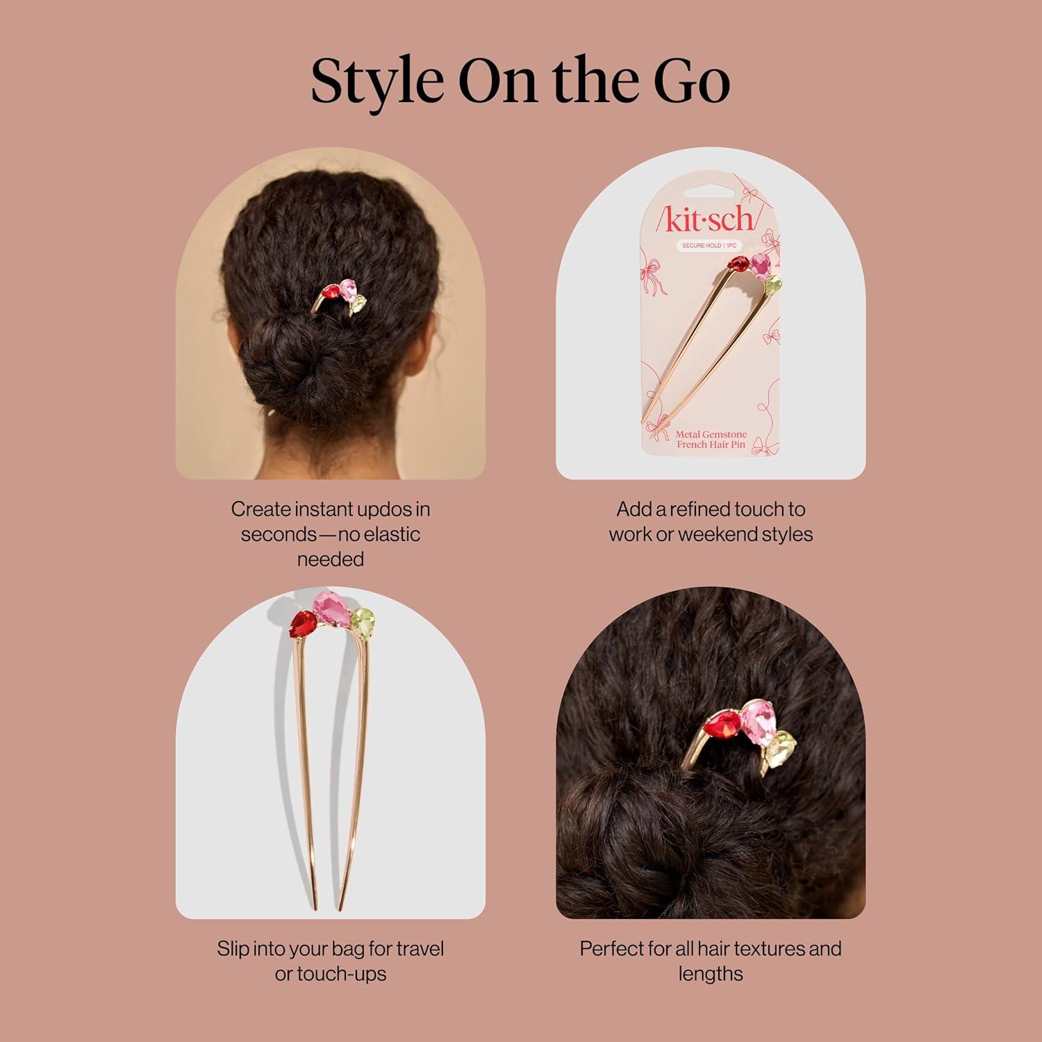 image:imageKitsch French Hair Pin for Women Gold Hair Accessories with Gemstone Accents Lightweight Metal Hair Stick for Effortless Updos Twists amp Buns Ideal Gifts for WomenRed Pink Green