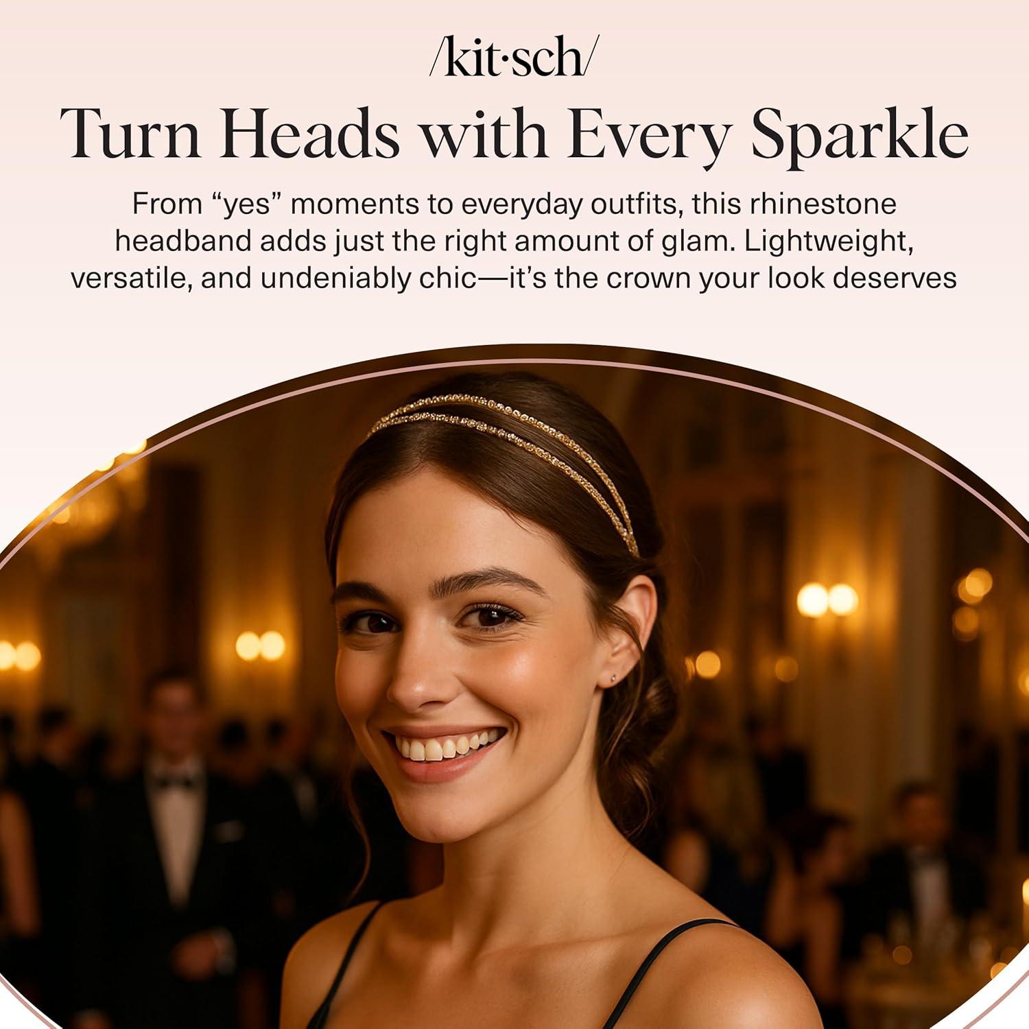 image:imageKitsch Rhinestone Headband for Women Double Row Gold Headband for Bridal Accessories Hair Jewelry for Wedding Prom Birthday or Special Occasions Ideal Gifts for Women 1pcGold
