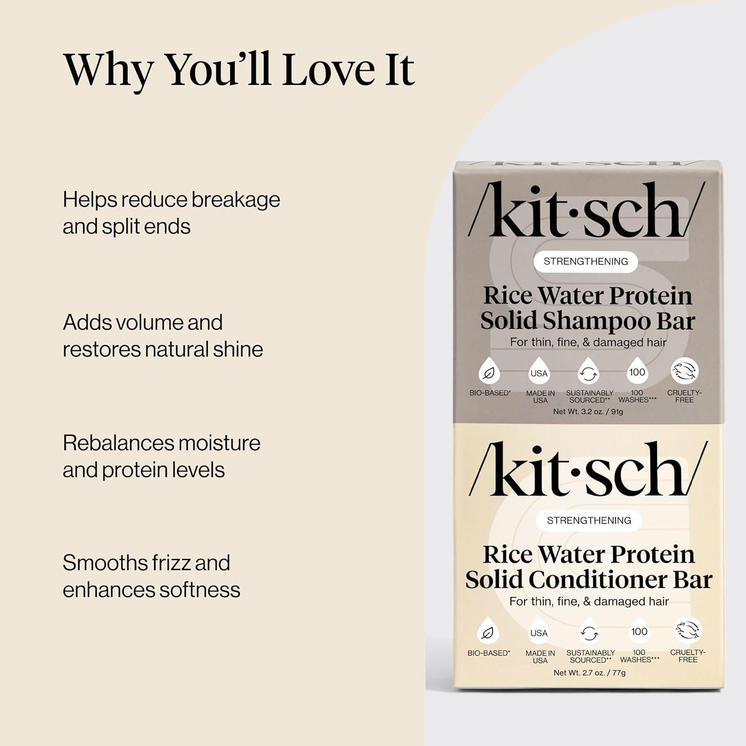 image:imageKitsch Rice Water Shampoo amp Conditioner Set Solid Shampoo amp Conditioner Bar with Protein for Hair Growth Strengthening Hair amp Damage Repair Paraben Sulfate amp Silicone Free 2 Pack