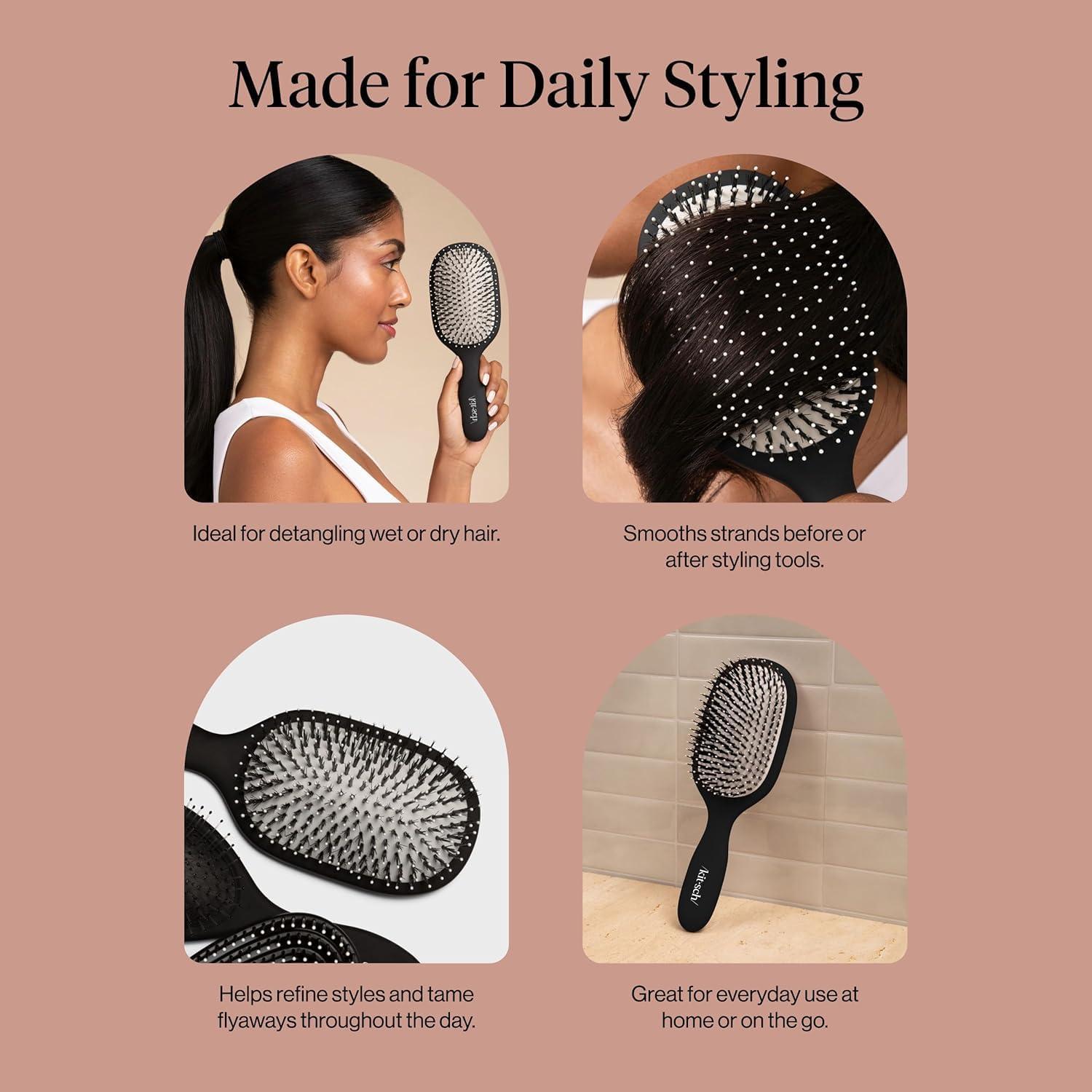 image:imageKitsch Smooth amp Polish Brush Dual Bristle Detangler Brush Shine amp Frizz Control Vegan Boar amp Nylon Hair Brush with Cushioned Pad for Scalp Massage Hair Care Tool for All Hair Types BlackBlack