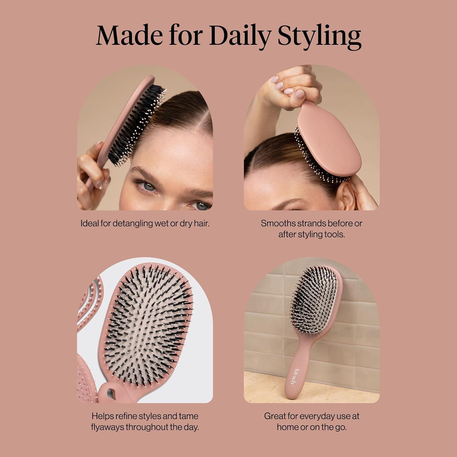 image:imageKitsch Smooth amp Polish Brush Dual Bristle Detangler Brush Shine amp Frizz Control Vegan Boar amp Nylon Hair Brush with Cushioned Pad for Scalp Massage Hair Care Tool for All Hair Types BlackTerracotta