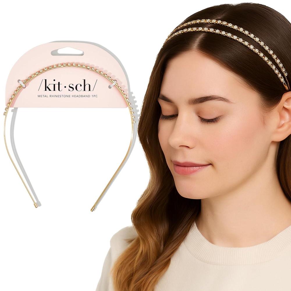 image:imageKitsch Rhinestone Headband for Women Double Row Gold Headband for Bridal Accessories Hair Jewelry for Wedding Prom Birthday or Special Occasions Ideal Gifts for Women 1pcGold