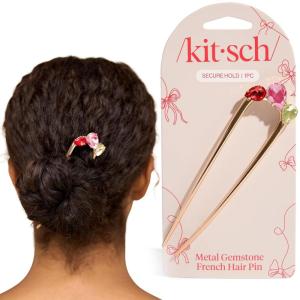 Kitsch French Hair Pin for Women – Gold Hair Accessories with Gemstone Accents, Lightweight Metal Hair Stick for Effortless Updos, Twists & Buns | Ideal Gifts for Women(Red  Pink & Green)