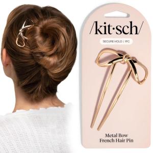 Kitsch French Hair Pins for Women – Elegant & Durable Metal French Pin for Updos, Chignon, Buns & Twist Hairstyles | Secure Hold All Day, Comfortable Fit | Ideal Gifts for Women- Clam Shell, 1pc(Metal Bow Gold)